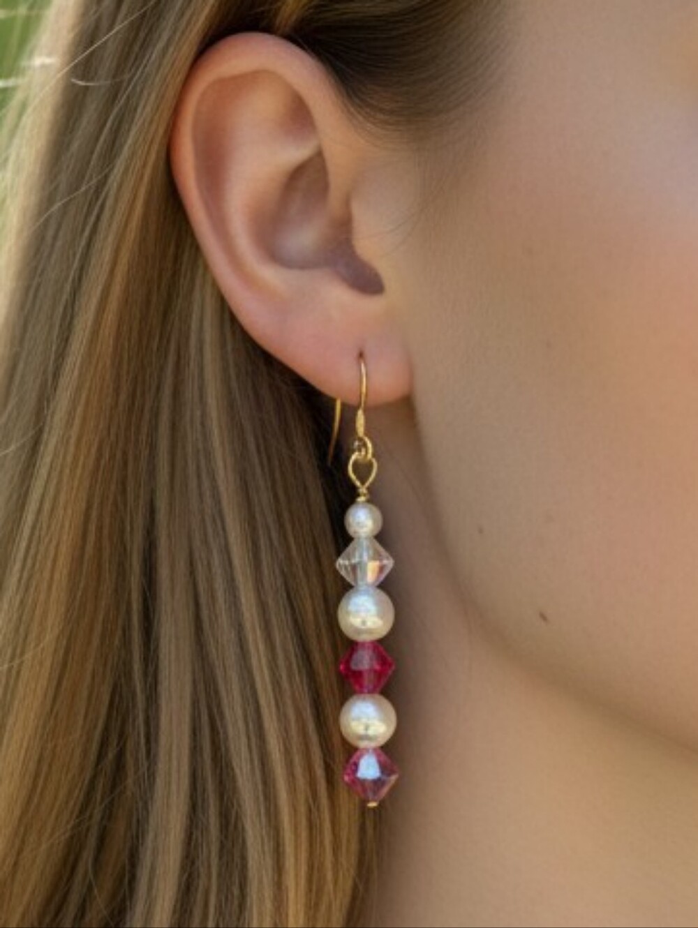 Gold Sparkling Linear Dangle Drop Earrings Pink Crystals Pearls Glam Luxe Bling